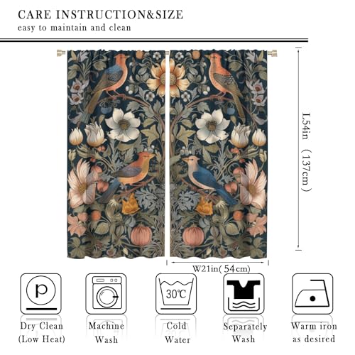 William Morris Style Window Curtains, Vintage Flower Botanical Floral and Bird Blackout Rod Pocket Thermal Insulated Drapes for Bedroom Living Room Kitchen Coffee Custom Size