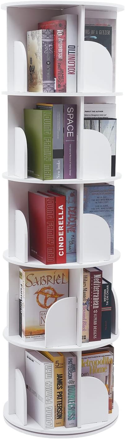 Rotating Bookshelf, 5 Tier 360° Rotating Stackable Shelves Bookshelf Organizer,PVC Board Bookcase White Display Cabinet for Office Home Living Room