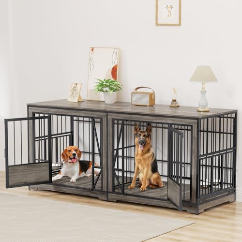 86 in Double Dog Crate Furniture for 2 Dogs, Extra Large Dog Cage with Adjustable Divider, Heavy Duty Dog Kennel Indoor with 4 Bowls, XXL Dog Crate Wooden TV Stand End Table for Large Breed, Brown