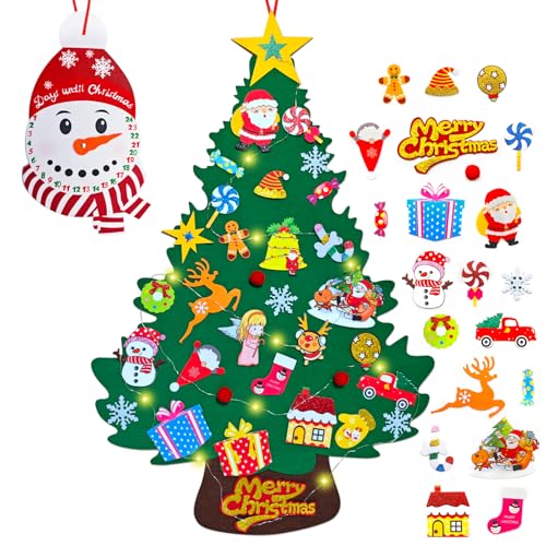 3ft Felt Christmas Tree for Kids with Advent Calendar and 33 ornaments, Wall Xmas Tree Decorations, Christmas Crafts for Kids, DIY Christmas Gifts with String Light (Batteries Not Included)