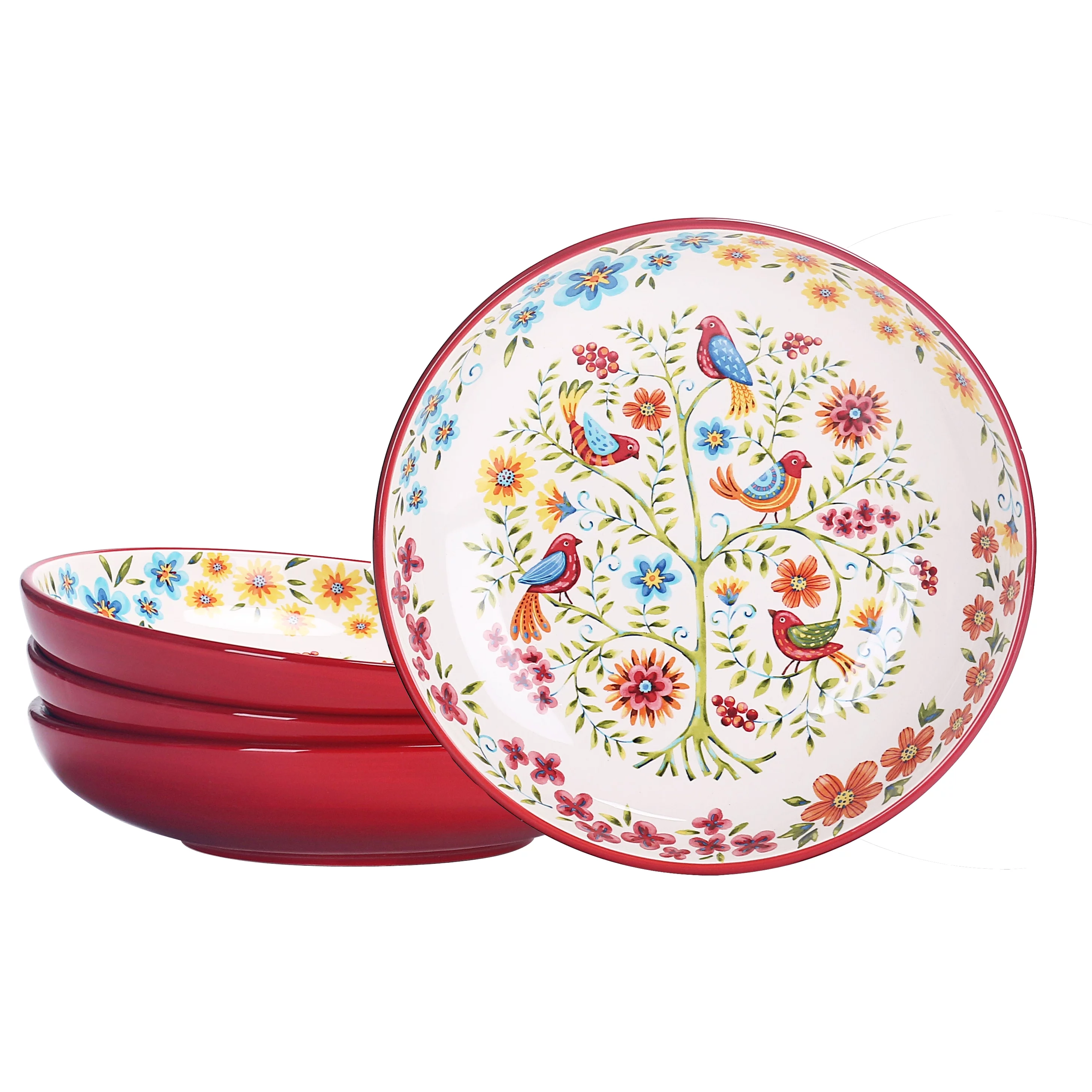 Bico Red Spring Birds Ceramic 35oz Dinner Bowls, Set of 4, for Pasta, Salad, Cereal, Soup & Microwave & Dishwasher Safe