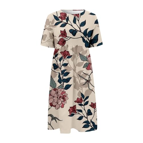 Women's Boho Floral Dress Summer Short Sleeve Flowy A Line Midi Dress Loose Casual Beach Vacation Dresses with Pockets