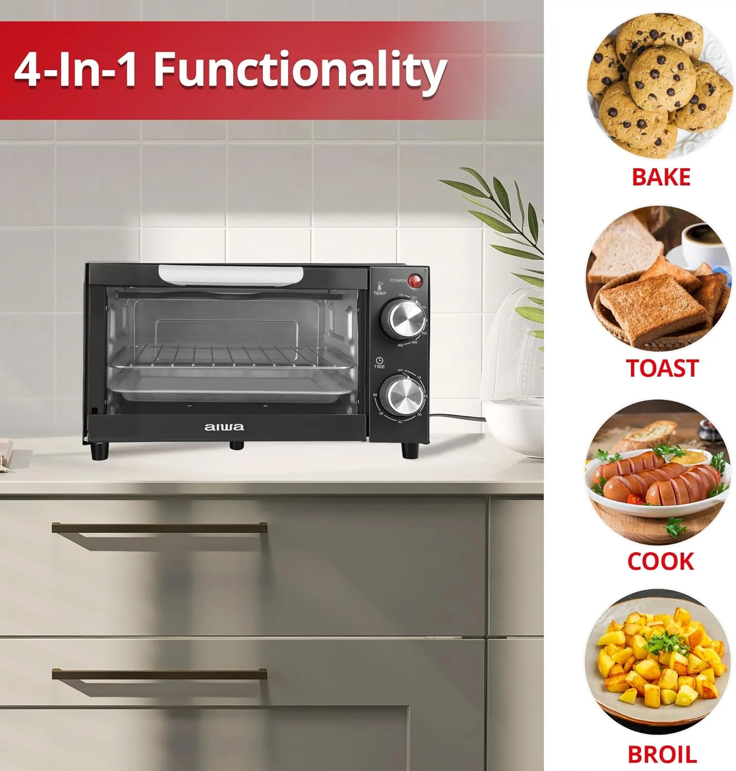 Countertop Toaster Oven With Baking Tray, Bake Toast Cook And Broil, Temperature Control, 60 Minute Timer Knob, Automatic Shutoff, Baking Tray And Crumb Tray Included, Black