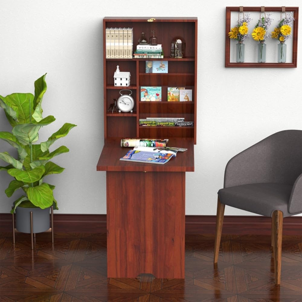 Wall Mounted Desk, Fold Out Convertible Floating Desk, Space Saving Computer Desk Hanging Table with Storage Area,Mahogany