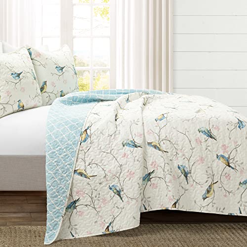 Lush Decor Botanical Bird and Flower Oversized 3 Piece Reversible Quilt Set, Full/Queen, Multi