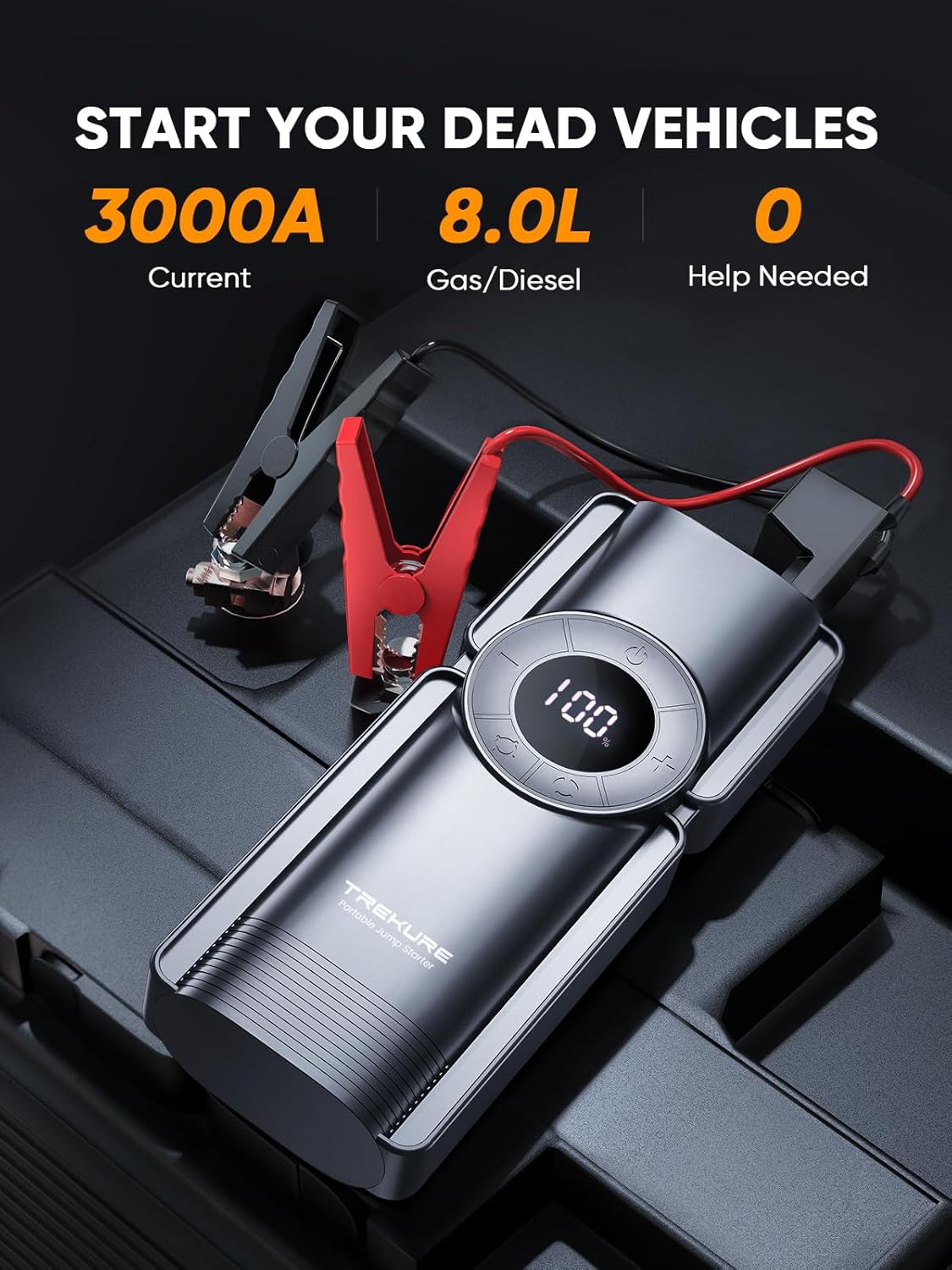 Portable Car Jump Starter with Air Compressor, TREKURE 3000A 150PSI Car Battery Jump Starter Battery Pack (9L Gas/8L Diesel), Safe Car Jumper Starter Portable Jump Box with Display, Emergency Light