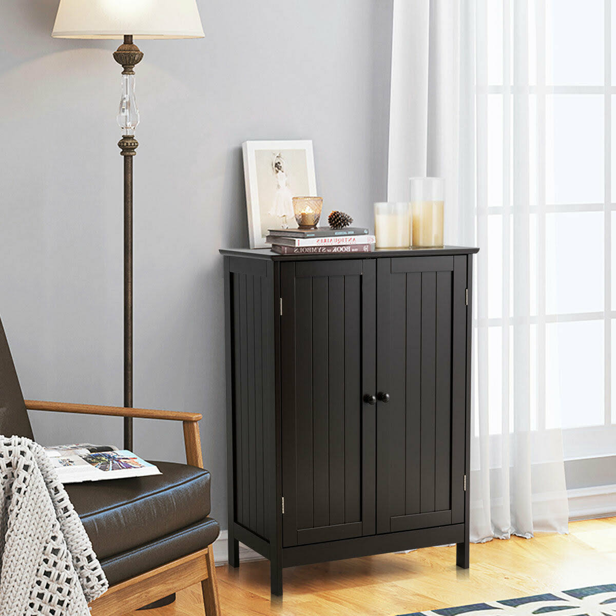 Costway Bathroom Floor Storage Double Door Cupboard Cabinet-Brown