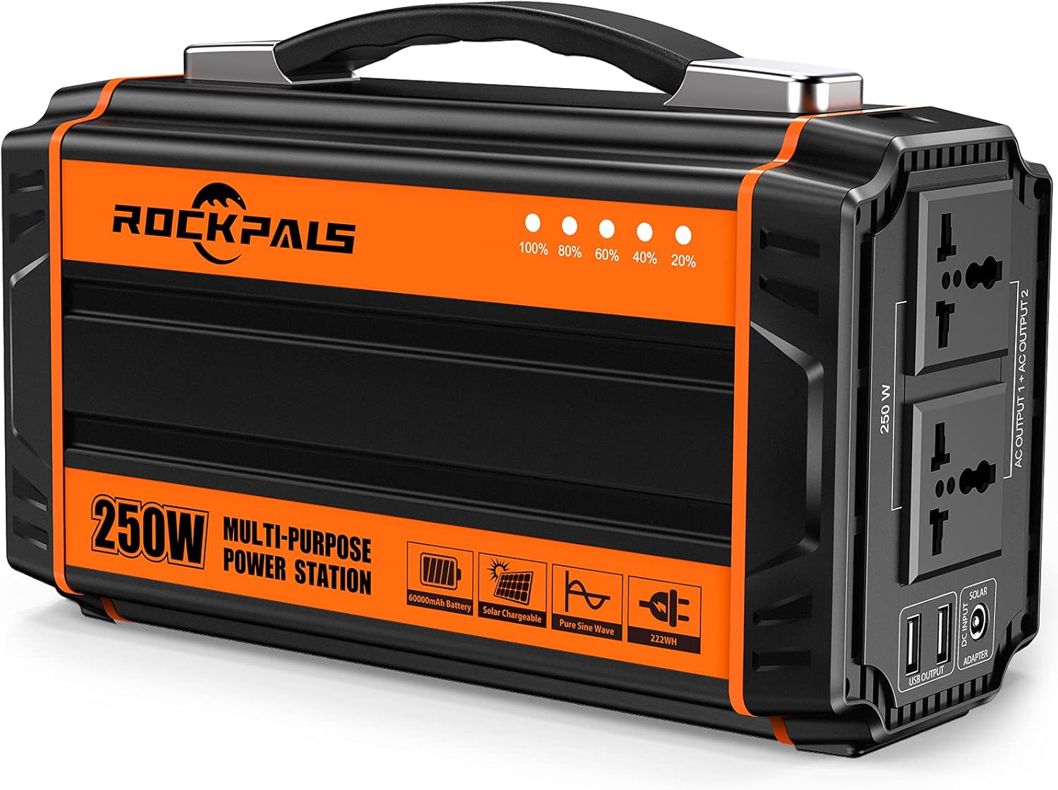 ROCKPALS 250-Watt Portable Generator Rechargeable Lithium Battery Pack Solar Generator with 110V AC Outlet, 12V Car, USB Output Off-grid Power Supply for CPAP Backup Camping Emergency