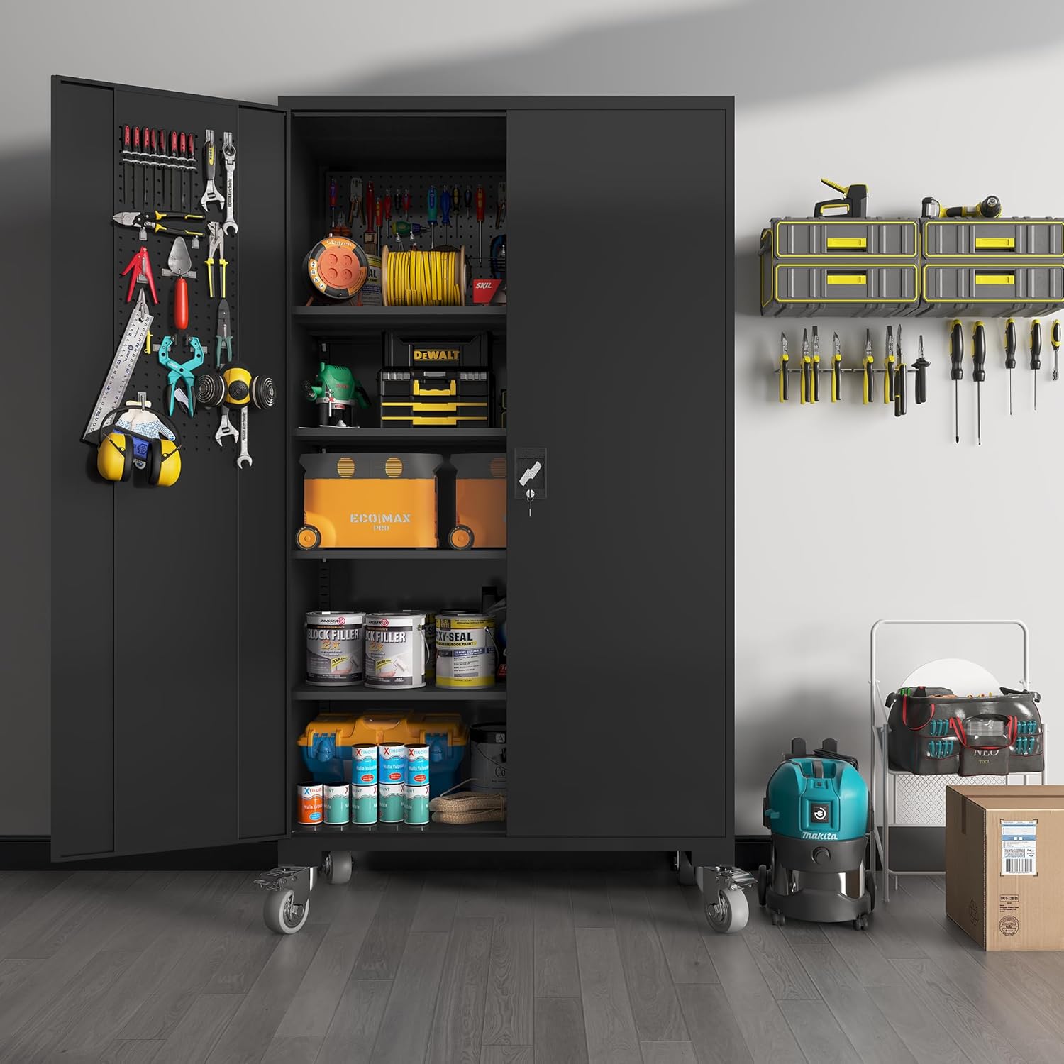 1-Wide 39.37 Inch & Depth 19.69 Inch Metal Storage Cabinet 72 Inch Black Lockable Garage Cabinet with Wheels Heavy-Duty Steel Cabinet with Doors & 4 Adjustable Shelves for Home, Office,Black