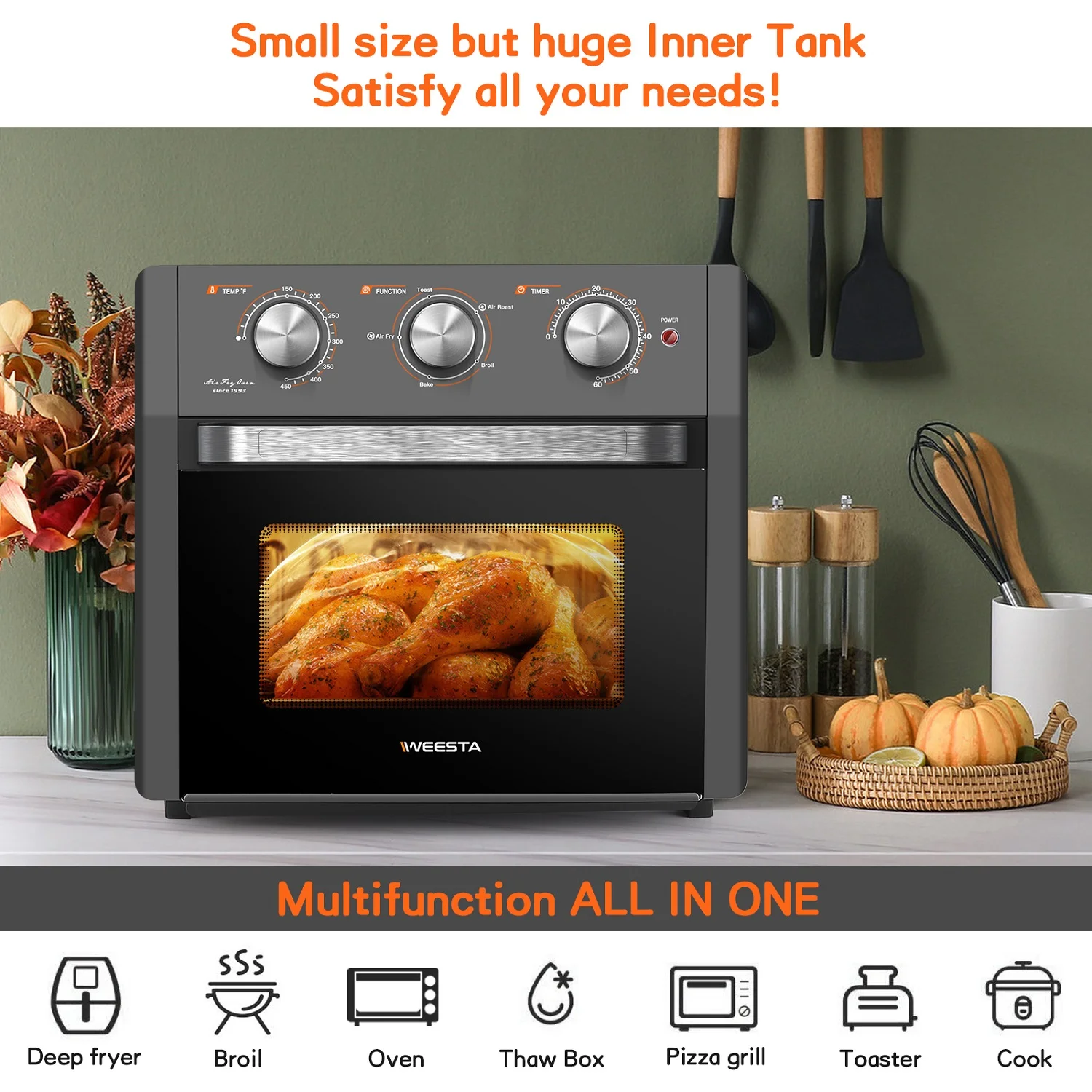 20Qt/18L Air Fryer, 1300W Large Air Fryer Toaster Oven Combo, 5 in 1 Convection Oven Countertop, Healthy Oil-Free Hot Air Fryer, Temperature Control, Dishwasher Safe Non Stick Basket