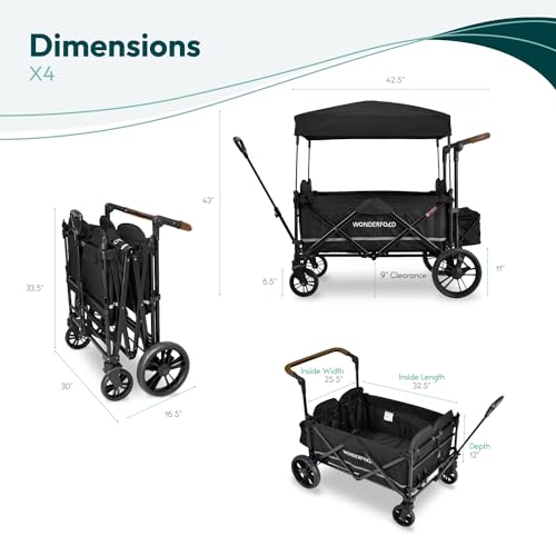 WONDERFOLD X4 Push & Pull Stroller Wagon (4 Seater) - Collapsible Wagon Stroller with Seats with 5-Point Harnesses, Adjustable Push Handle, and Sun Canopy, Navy