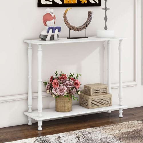 Narrow Console Table with Shelf Wood Vintage Couch Table Behind Sofa with Storage for Entryway, Living Room, Hallway, White
