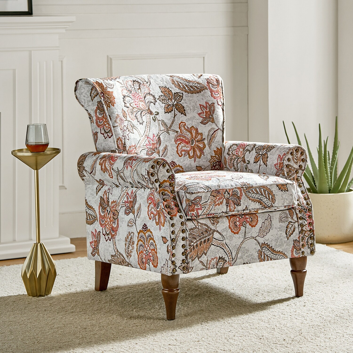 HULALA HOME Nyctelius Traditional Accent Armchair with Rolled Arms and Nailhead Trim by  PINK Floral