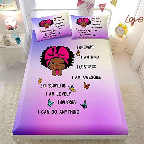 African American Girl Bedding Sets for Girl Black Girl Magic Fitted Sheet Set Cute Little Afro Black Princess Bed Sheet Set for Kids Bedroom Room Decor (1 Fitted Sheet + 2 Pillowcases) Purple