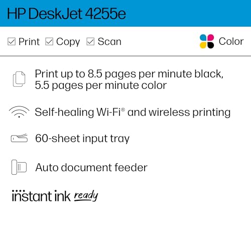 HP DeskJet 4155e Wireless Color Inkjet Printer, Print, scan, copy, Easy setup, Mobile printing, Best-for home, Instant Ink with HP+,white