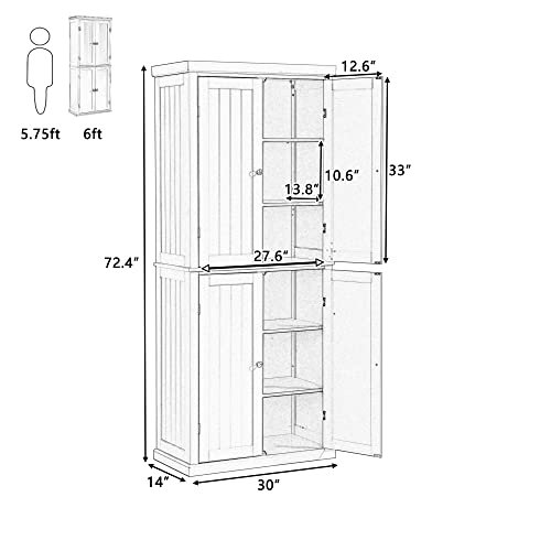 Kitchen Pantry Cabinet, 72.4-inch Tall Storage Cabinet with 4 Doors and Adjustable Shelves, Freestanding Cupboard Utility Pantry for Home Office, Each Shelves Capacity 110lbs, White