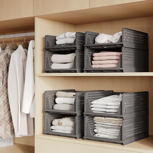 Pinkpum 5 Pack Folding Closet Organizers Storage Box, Stackable Plastic Drawer Basket for Clothing, Stackable Storage Bins Shelf Storage Container for Closet Wardrobe Bedroom Bathroom Office (Grey)