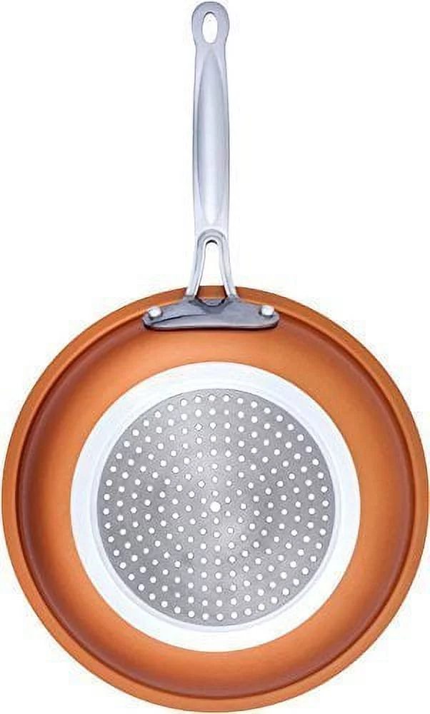 Copper Round Skillet Frying Pan Ceramic Non-Stick Fast Even Heating with Induction Bottom Oven Safe stainless Steel Handle No Oil/Butter Needed Wipes Clean & Dishwasher Safe (8 & 10 Inch combo set)