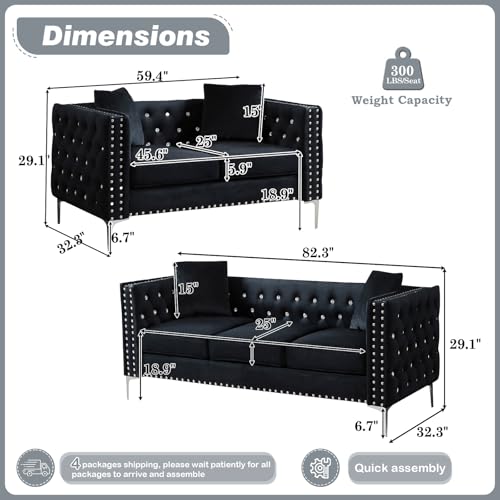 Antetek Velvet Sofa Set for Living Room, Modern Upholstered Loveseat and 3 Seater Cloud Sofa Couches w/Crystal Buttons/Pillows for Living Room, Apartment, Office, Furniture Sets, Blue(2 Pieces)