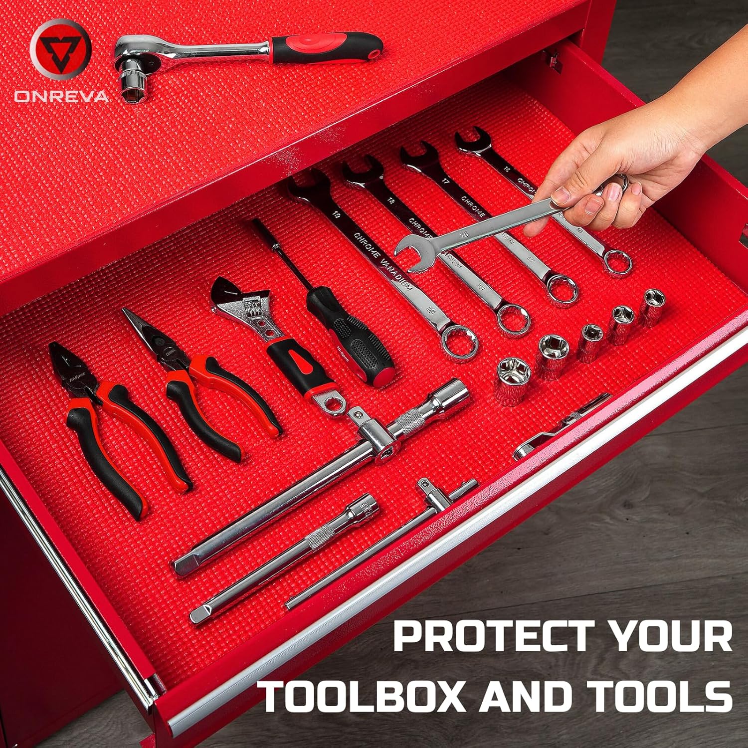 Tool Box Liner 16 inch Wide x 18 ft Large, Thick Heavy Duty Toolbox Drawer Liners, Rolling Tool Chest Liner Foam, Shelf Rubber Mat, Red Non-Slip Organizer Liner for Cabinet, Workbench