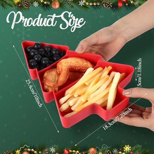 6 Pcs Christmas Tree Shape Serving Tray Platter, 10 x 7.2 x 1.18 in Red and Green Plastic 3 Grids Dishes with Bag and Ribbon, Candy Snack Desserts Fruit Cookie Plate for Xmas Party Decoration