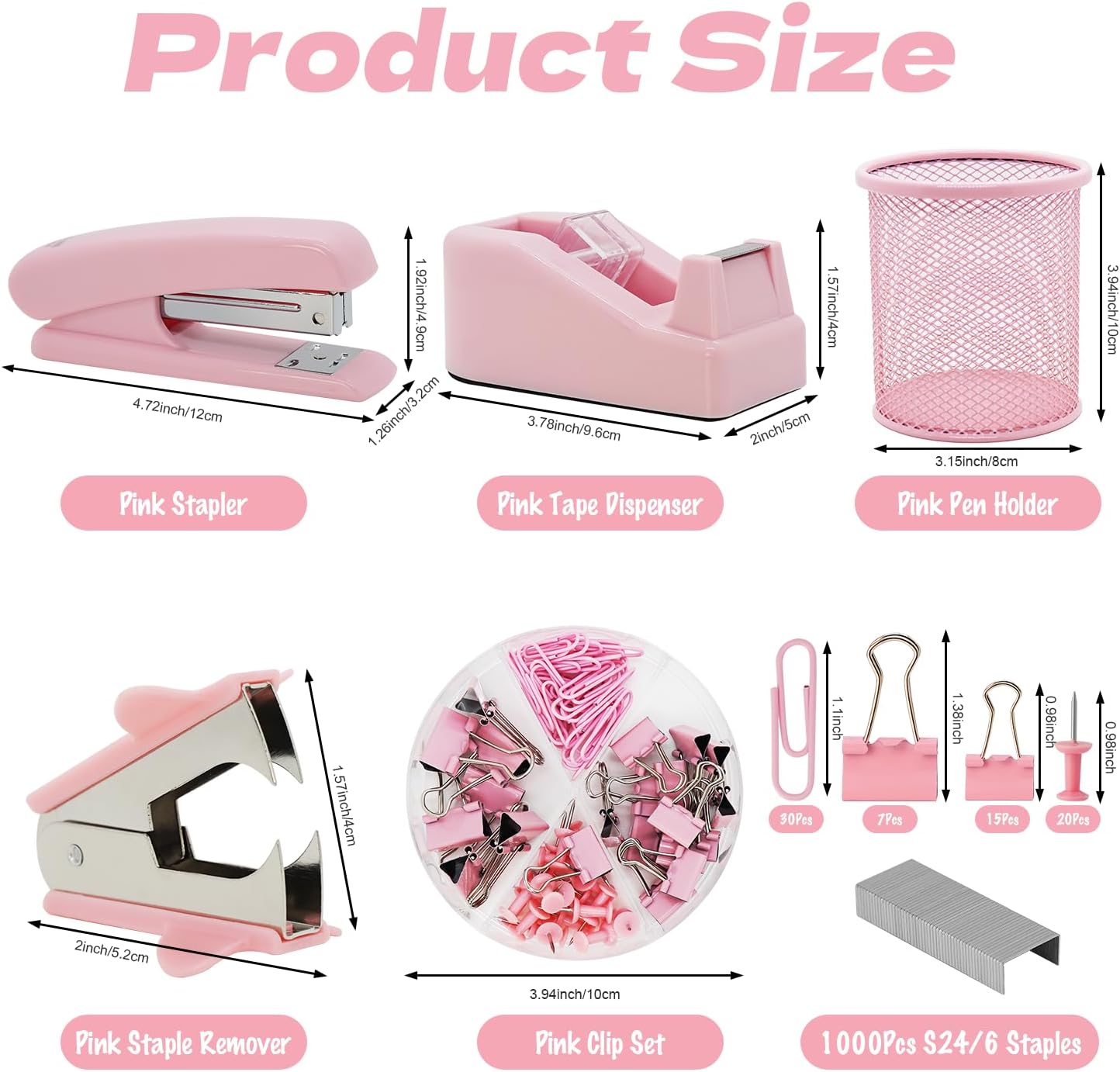 Pink Office Supplies Set for Desk, Pink Stapler,Tape Dispenser,Pink Desk Accessories for Women,1000 Staples,Pen Holder,Staple Remover,Clips,Ruler,Scissors, Tabs,Tape,Ballpoint Pen,Office Accessories