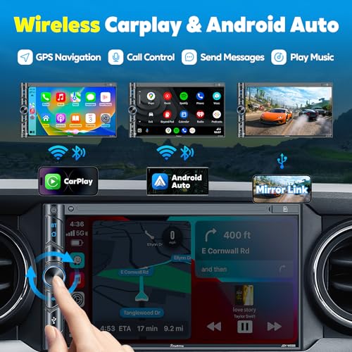 SJoyBring Upgrade Wireless Double Din Car Stereo with Apple Carplay, Android Auto, Dash Cam, Bluetooth, 4-Channel RCA, 2 Subwoofer Ports, 7