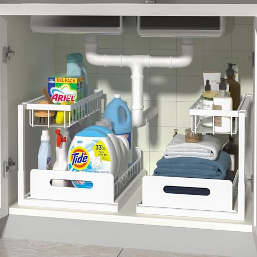 Under Sink Organizers, Metal Pull Out Under Sink Organizers and Storage Shelves with Sliding Drawer, Under Sink Storage for Kitchen, Bathroom, White