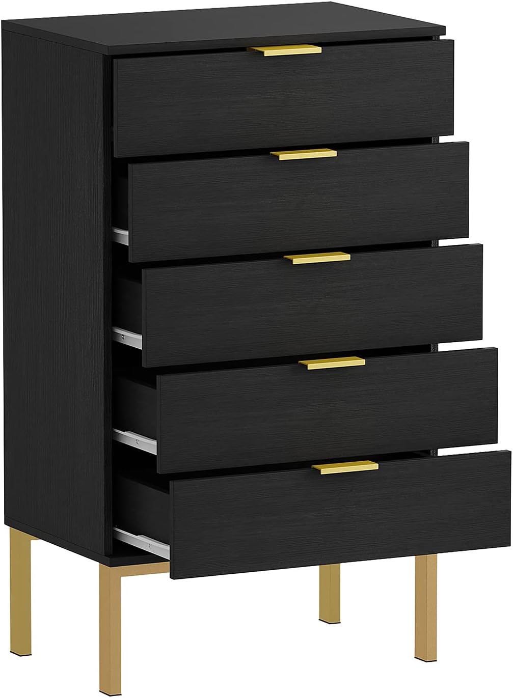 Homsee Modern Dresser Storage Chest with 5 Drawers, Wood Dresser Chest with Gold Metal Legs and Handles for Bedroom, Living Room & Hallway, Black (23.6”L x 15.7”W x 41.1”H)