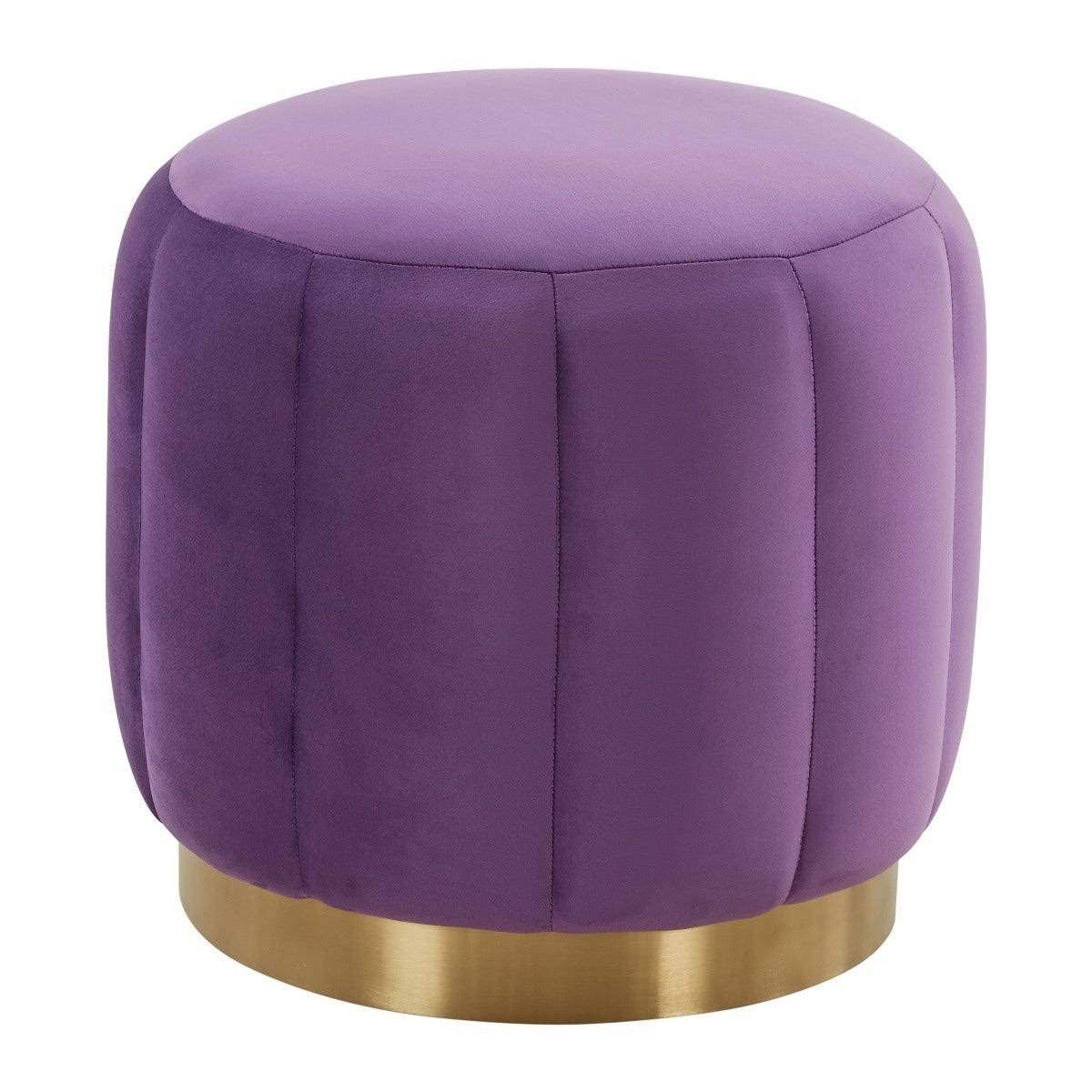 LeisureMod Franklin Round Velvet Ottoman Footrest with Gold Base - Purple