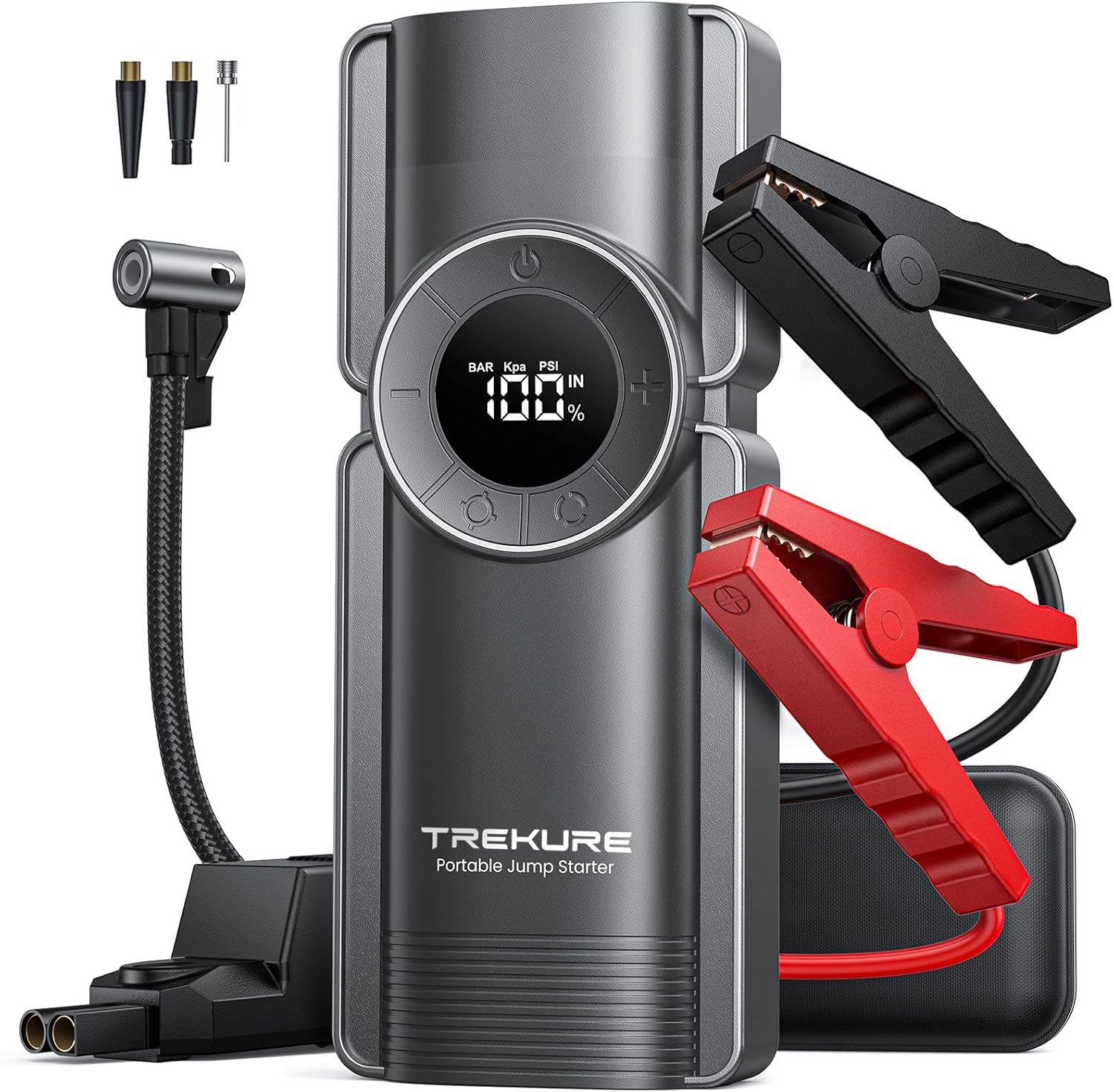 Portable Car Jump Starter with Air Compressor, TREKURE 3000A 150PSI Car Battery Jump Starter Battery Pack (9L Gas/8L Diesel), Safe Car Jumper Starter Portable Jump Box with Display, Emergency Light
