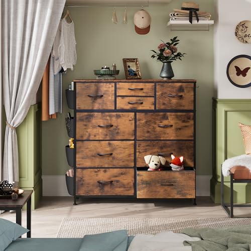 WLIVE Dresser for Bedroom with 10 Drawers, Fabric Dresser Chest of Drawers with Side Pockets and Hooks, Sturdy Metal Frame, Drawers Organizer Unit for Room, Hallway, Rustic Brown Wood Grain Print