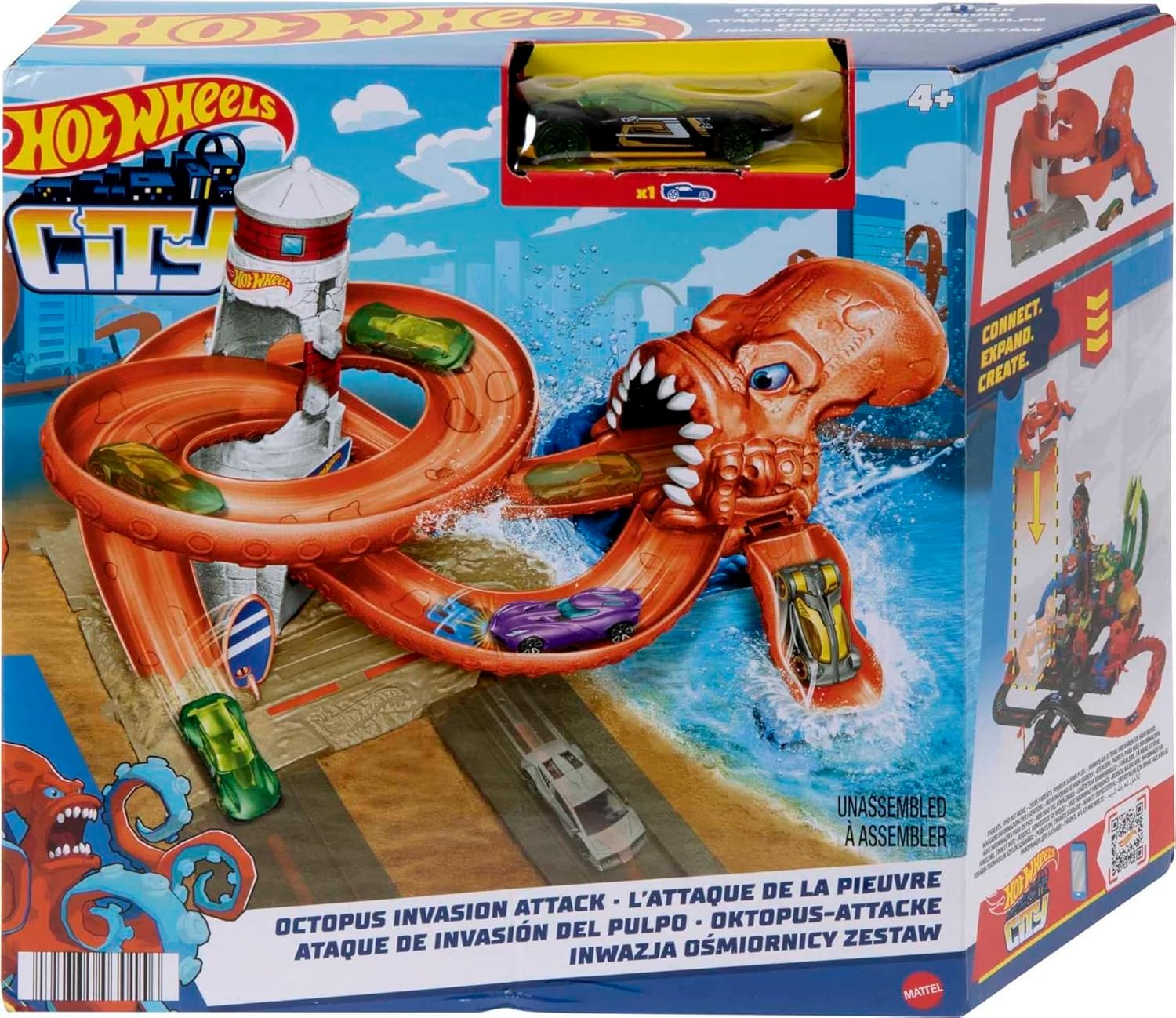 Hot Wheels Toy Car Track Set City Octopus Invasion Attack Playset & 1:64 Scale Vehicle, Creature Launcher