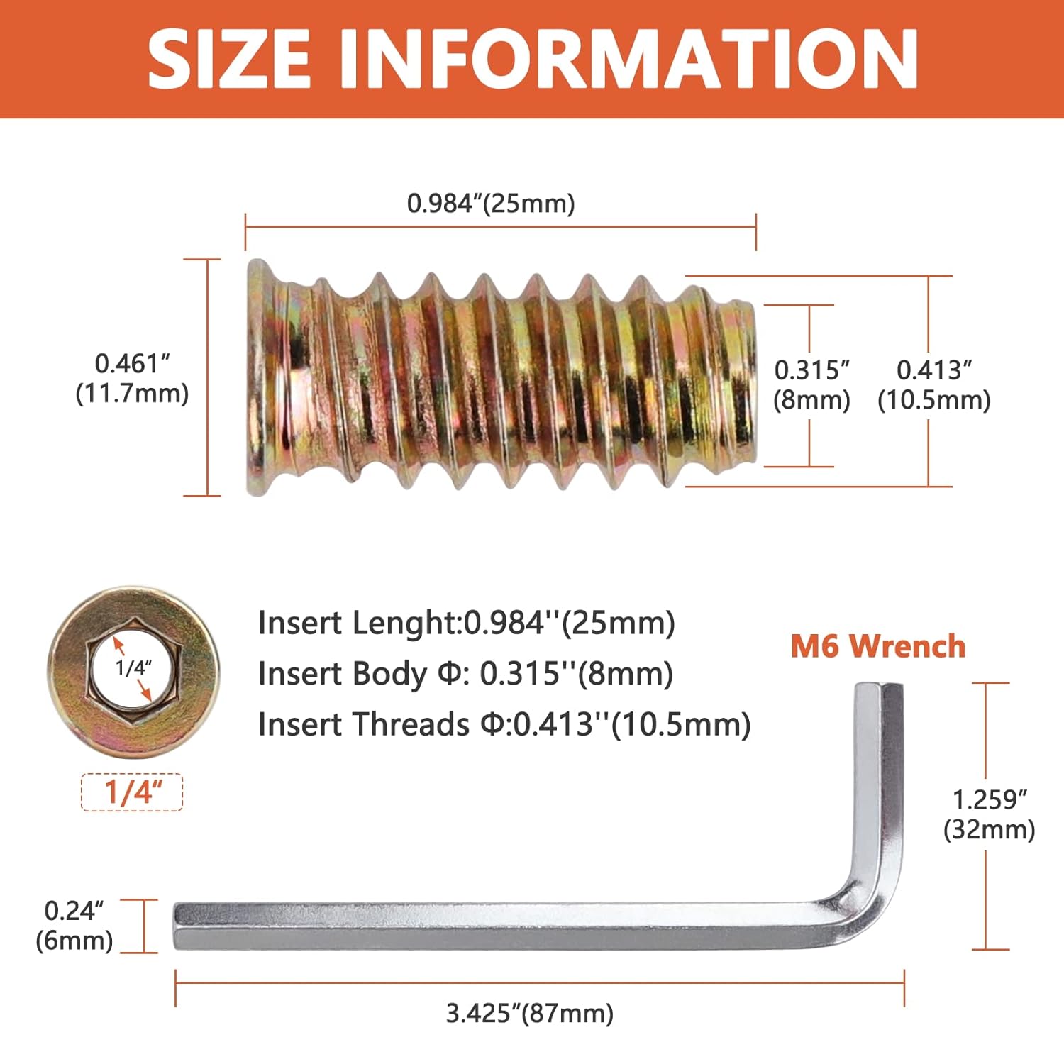 40 Pcs 1/4 Threaded Wood Inserts, 1/4''-20 x 25mm Threaded Inserts for Wood, Nut Inserts, Carbon Steel Furniture Screws with Spanner, Bolt Fastener Connector Hex Socket Drive for Wood Furniture