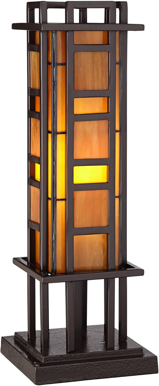 Robert Louis Tiffany Prairie Style Mission Rustic Pillar Accent Table Lamp Bronze Iron Column Hand-Cut Amber Stained Art Glass for Living Room Bedroom House Bedside Nightstand Home Office Family