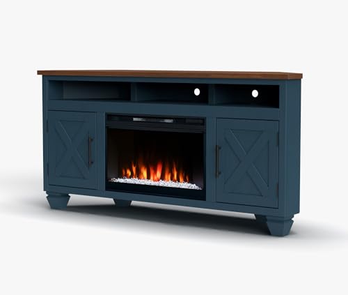 Realcozy Liberty Farmhouse Corner TV Stand Entertainment Center with Fireplace, 64 inches, Accommodates TVs up to 70 inches, Fully Assembled, Knotty Alder Solid Wood, Barnwood Finish