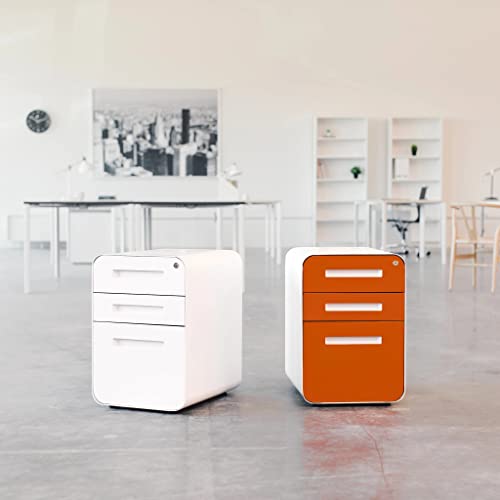 Laura Davidson Furniture Stockpile 3 Drawer File Cabinet with Lock - Under Office Desk Metal Filing Cabinet, Legal/Letter File Folders, Wheels and Stationary Feet, Pre-Assembled, White/Orange