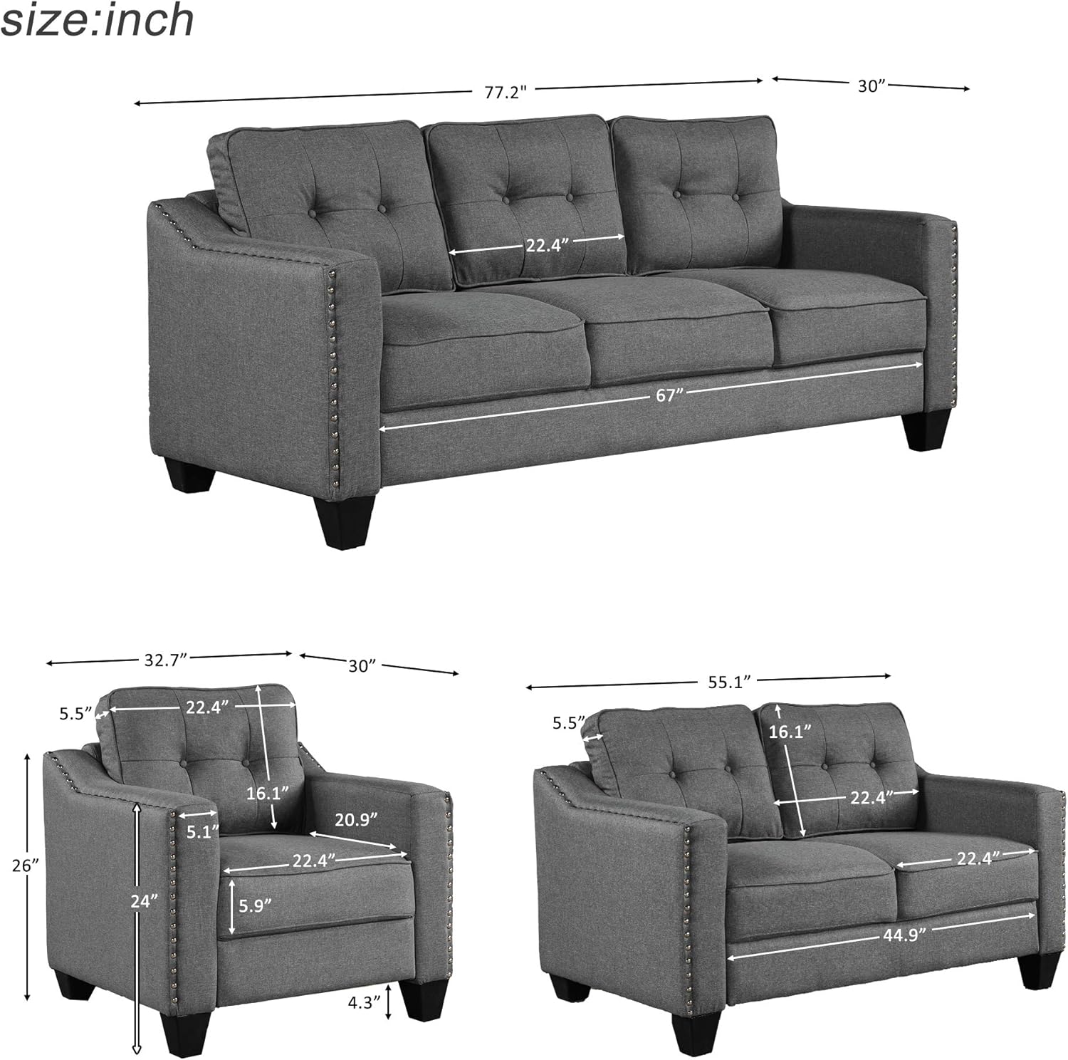 FANYE 3 Pieces Living Room Furniture Sets Include, Loveseat and Armchair, Linen Fabric Upholstered Sectional Classical Rivets Decor and Tufted Back Cushions, Retro Gray Sofa & Couch, 77.2