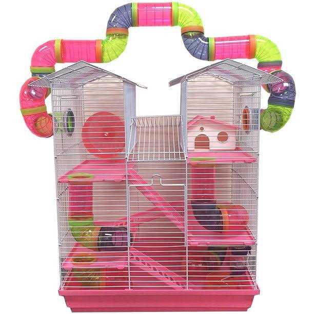 Mcage Pink Large 5-Levels Twin Tower Hamster Mouse Habitat Home House Critter Cage For Rodent Gerbil Mice Rat Wire Animal Cage With Long Crossover Tube - Pet Supplies online store