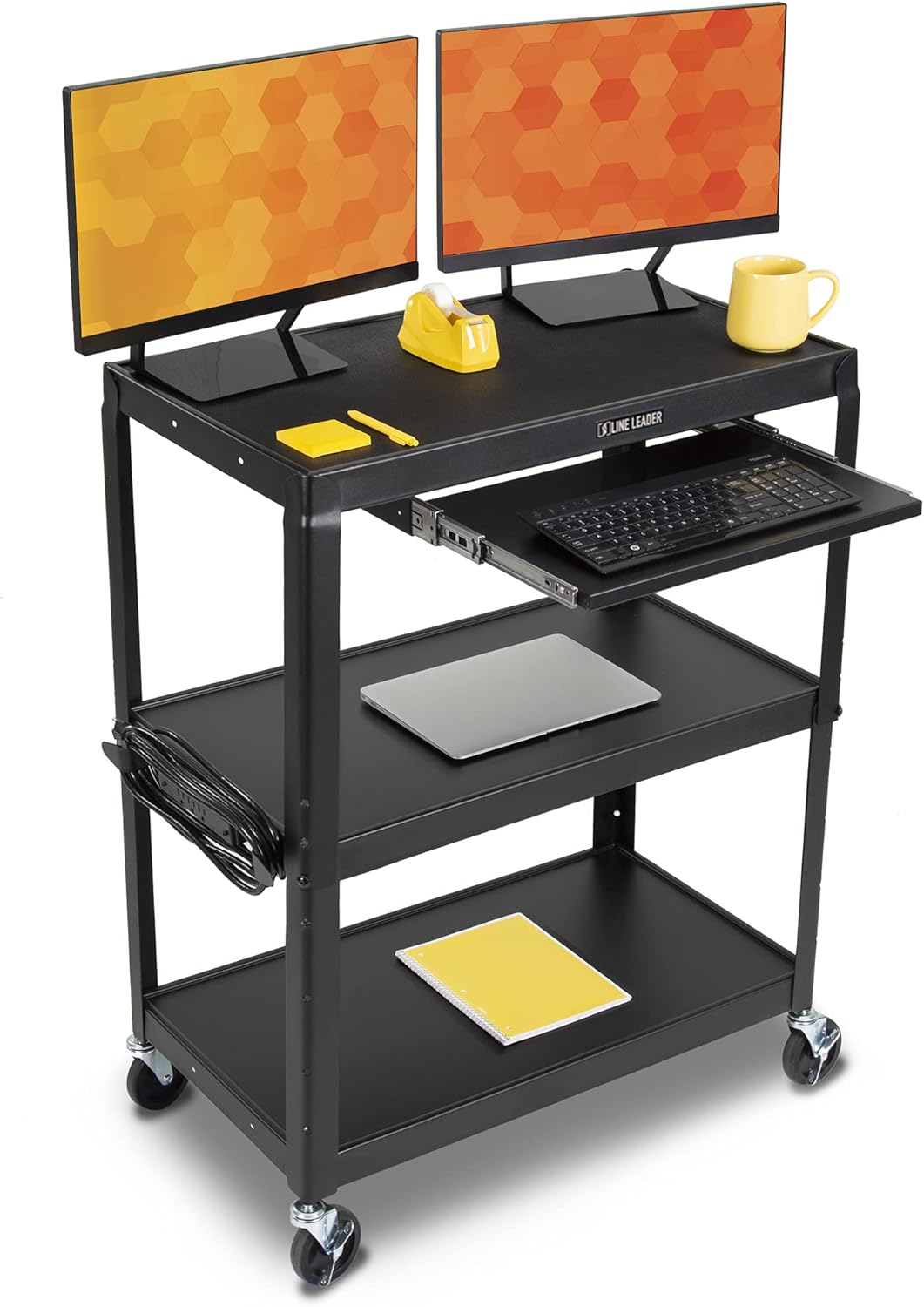 Line Leader Large AV Cart with Retractable Keyboard Tray | Height Adjustable Utility Cart | Includes Pullout Keyboard Tray & Cord Management | Easy Assembly (34in x 18in x 42in / Black)