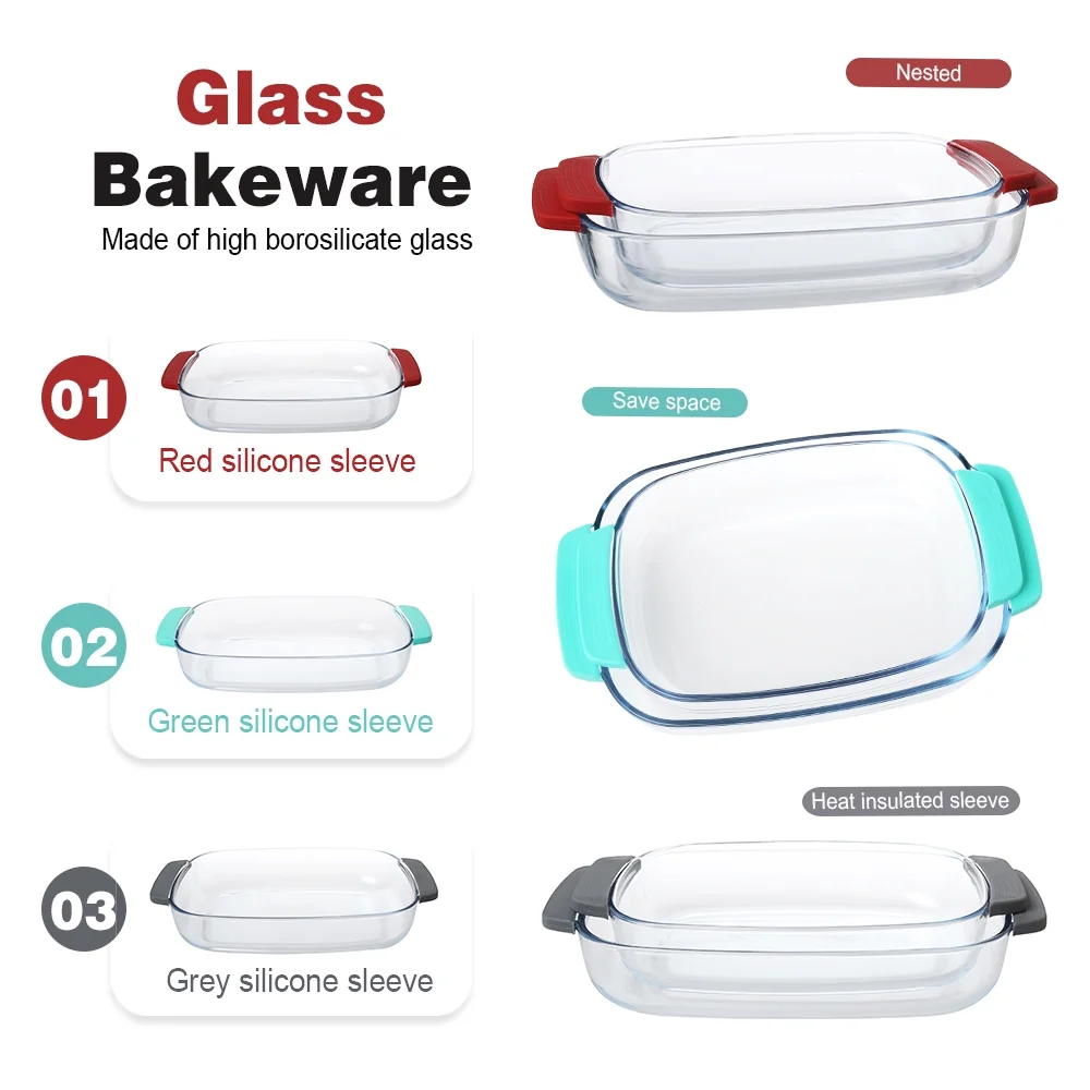 Delight King Baking Dish Set of 2 – Baking Dishes for Oven with Silicone Sleeves – Heat-Resistant Borosilicate Glass Baking Dish – Rectangle Glass Bakeware for Casseroles, Lasagna, Desserts