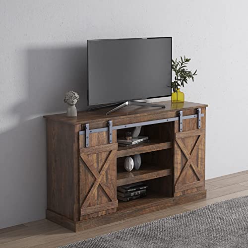 Yoglad Wooden Farmhouse Style 53.9 Inch TV Stand Storage Shelves, Entertainment Center Television Stands with Sliding Wood Barn Doors, Cabinet Console for Living Room Bedroom, Rustic Natural (04)