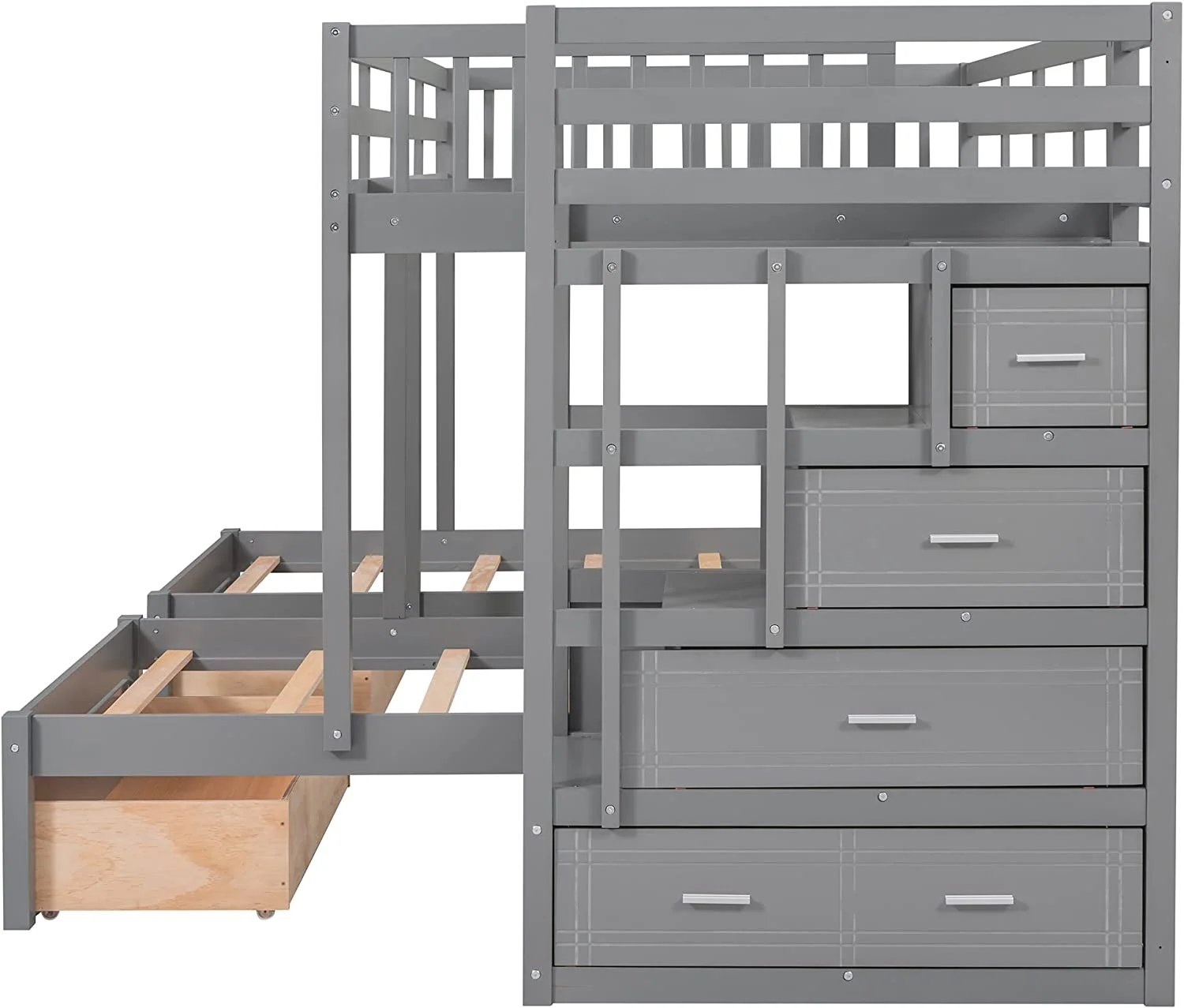 Full Over Twin & Twin Bunk Bed, Wood Triple Bunk-Beds with Drawers and Guardrails,White