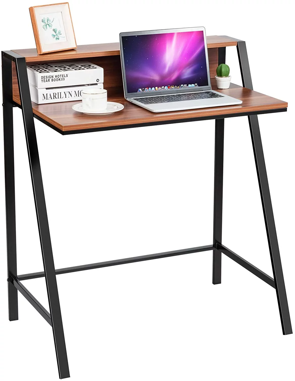 Small Computer Desk, Compact Home Office Desk with Sturdy Frame, 2 Tier Study Writing Table for Small Place Apartment Office, Bedroom, Kid’s Desk