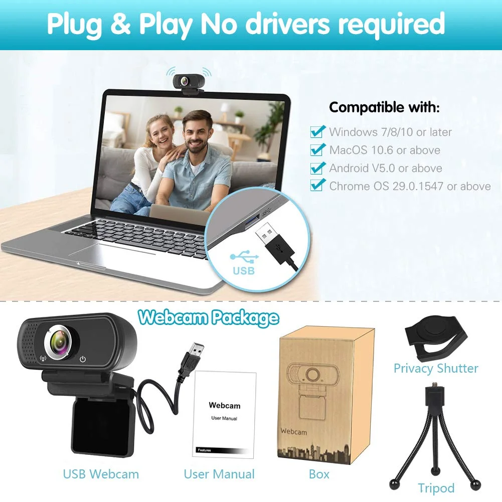 ZIQIAN 1080P Webcam with Microphone, HD Webcam Web Camera with Tripod Stand, Widescreen USB Computer Camera-Black