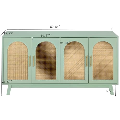 Sideboard Accent Storage Cabinet with Rattan Decorated 4 Doors Modern Freestanding Kitchen Buffet Table Cupboard Accent Cabinet for Dinging Room, Living Room, Entryway,Mint Green, M042310