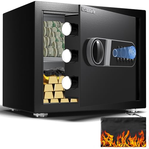 Biometric Safe, Fingerprint Home Safe Box with Fireproof Waterproof Bag & Key, 1.4 Cu ft Security Money Safe for Cash, Jewelry, Valuables, Digital Electronic Keypad, Dual Alarm System, Cabinet safe