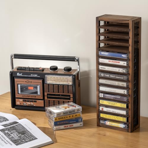 Cassette Tape Storage, Farmhouse Style Cassette Rack Tower, Single-Sided 16-Slot, Rustic Solid Burnt Wood & Diamond Metal Wire Mesh