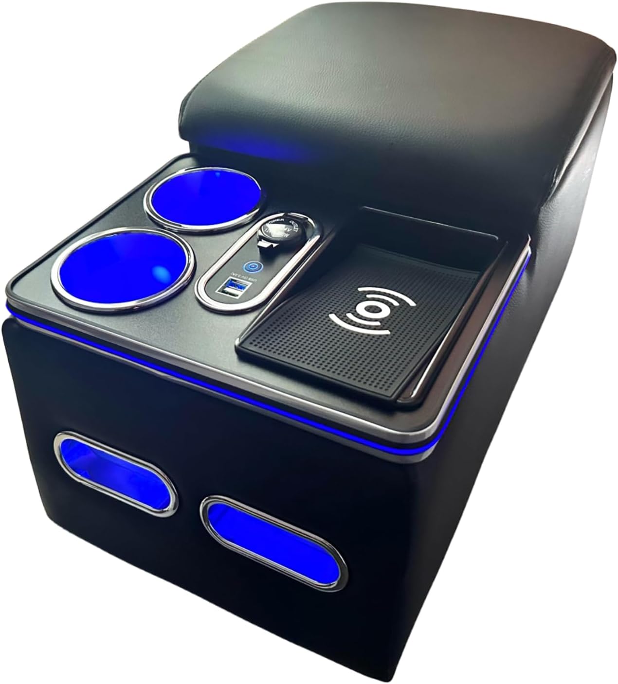 Center Console Armrest Organizer with Wireless Charging Phone Holder & Cup Holders for Car & Minivan & Van Truck Floor Cab Back Bench Seat Storage Box - Black