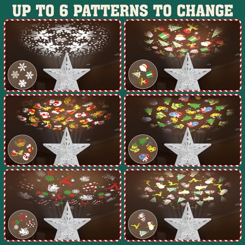 Christmas Tree Topper Lighted with 6 Projection Slides, PliMook Snowflake Christmas Tree Topper LED Rotating 3D Lighted Tree Toppers Glitter Tree Topper Projector for Christmas Tree(Gold)